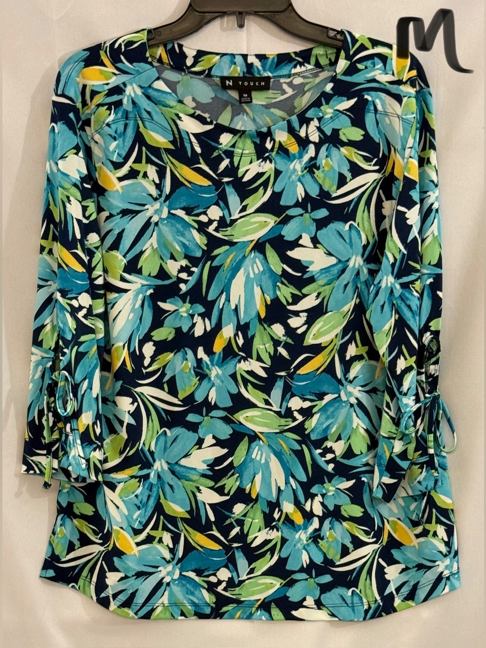 N Touch Navy Floral Tie-Cuff 3/4 Sleeve Blouse